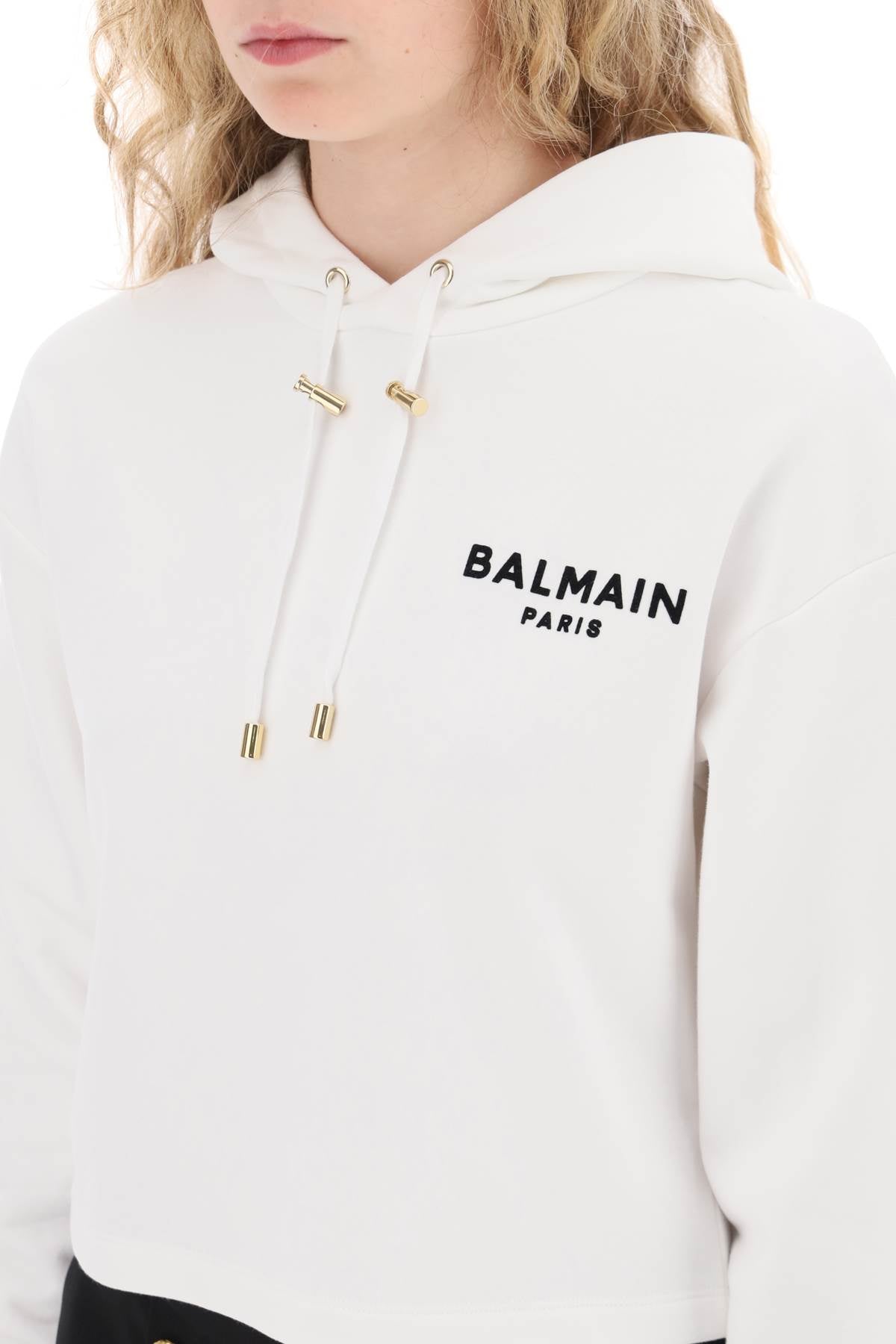 Balmain Cropped Hoodie With Flocked Logo Print White