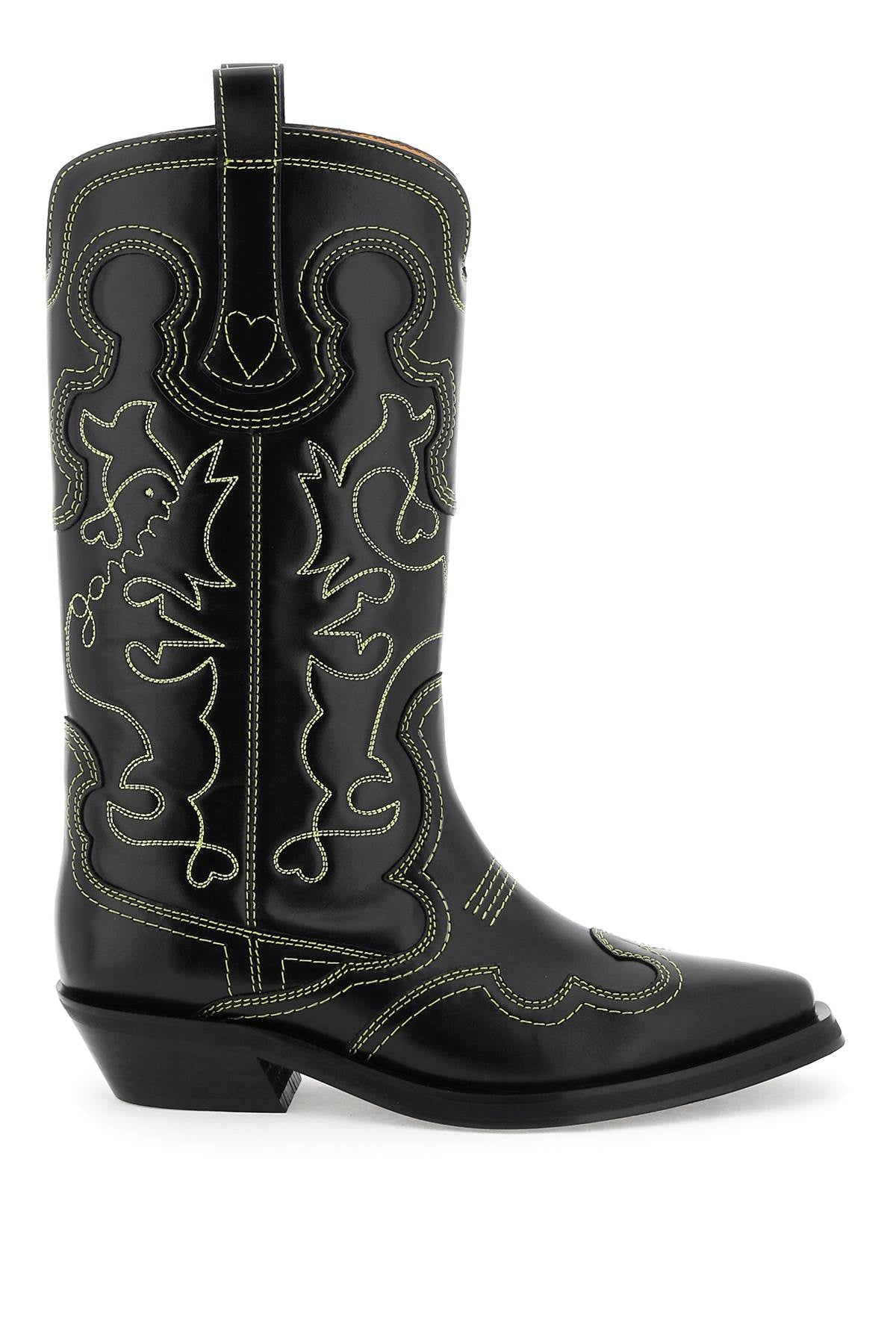 Ganni Embroidered Western Leather Boots Black
