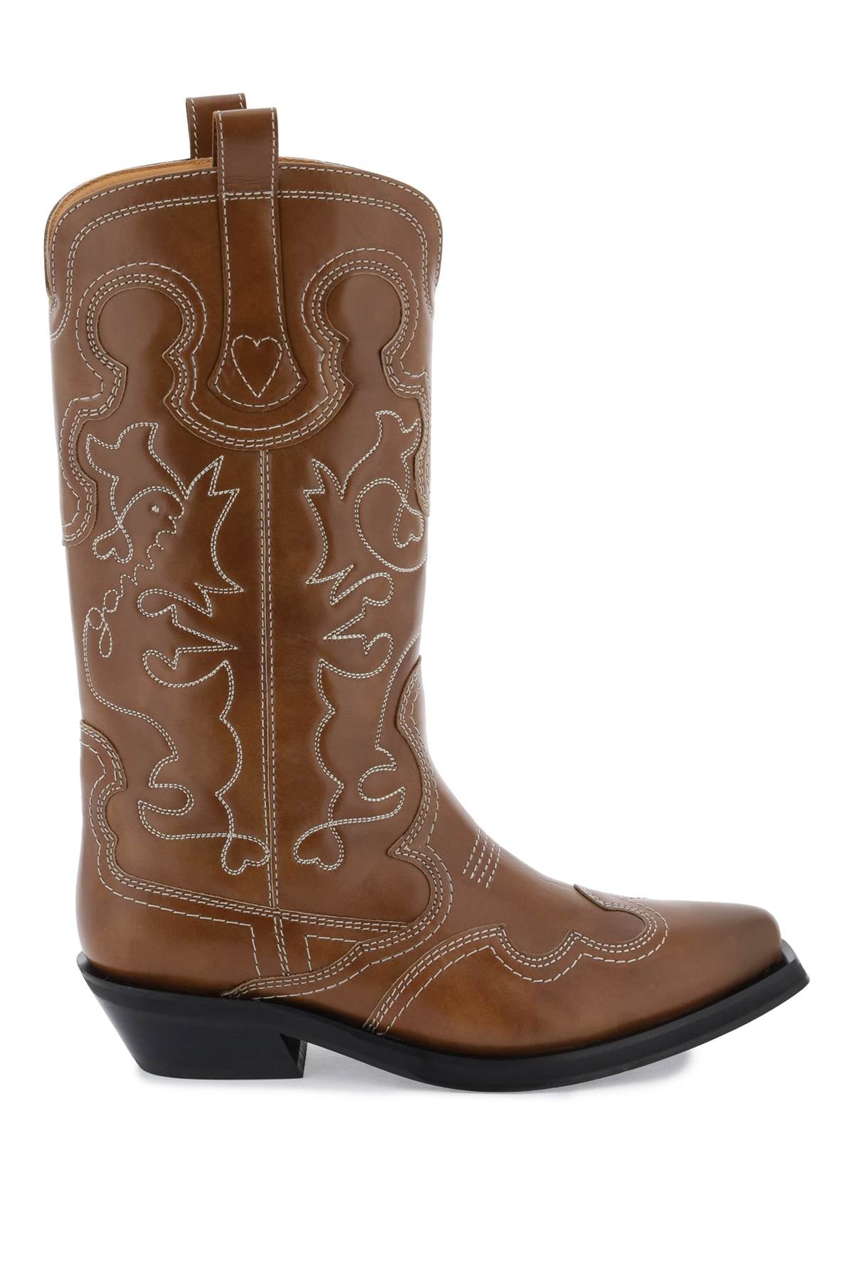 Ganni Embroidered Western Leather Boots Brown