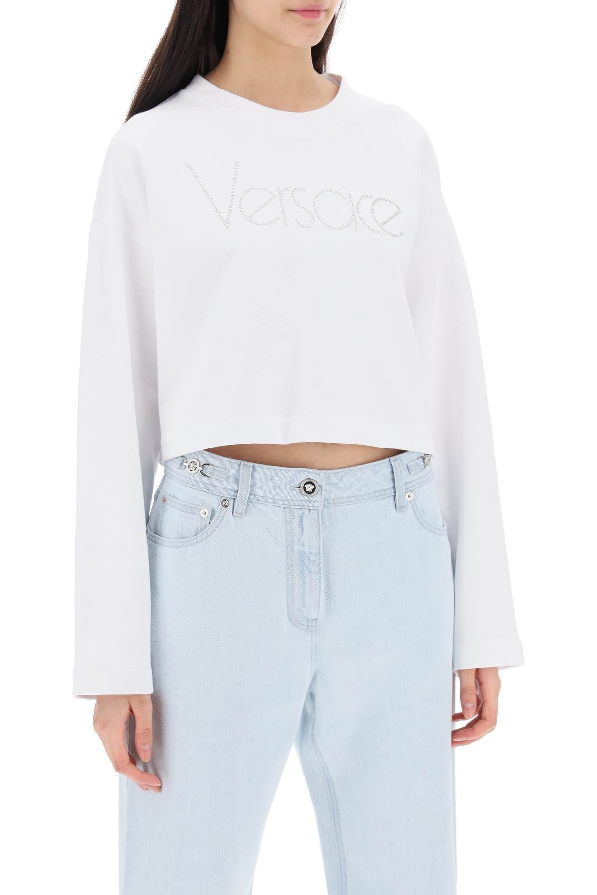 Versace Cropped Sweatshirt With Rhinestone White
