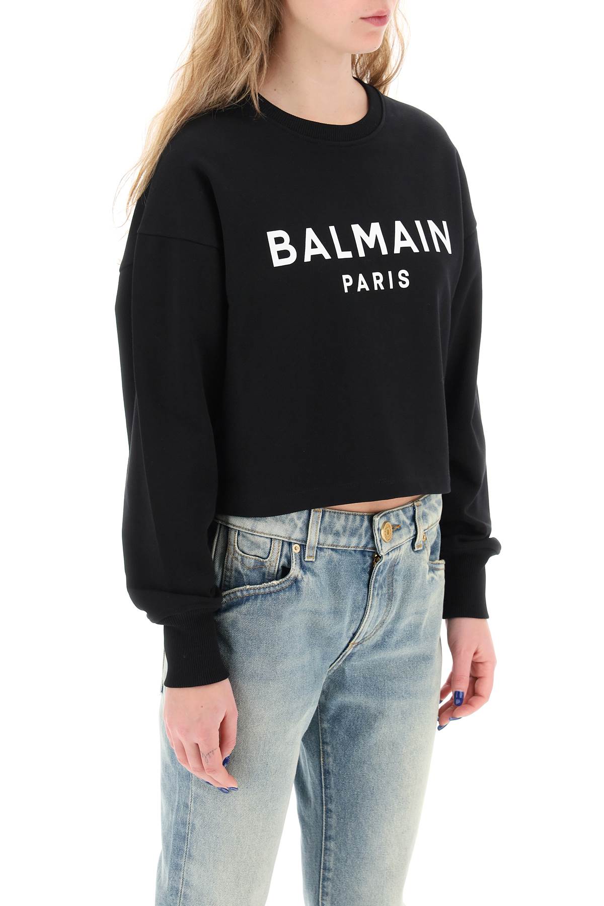 Balmain Cropped Sweatshirt With Flocked Logo Black