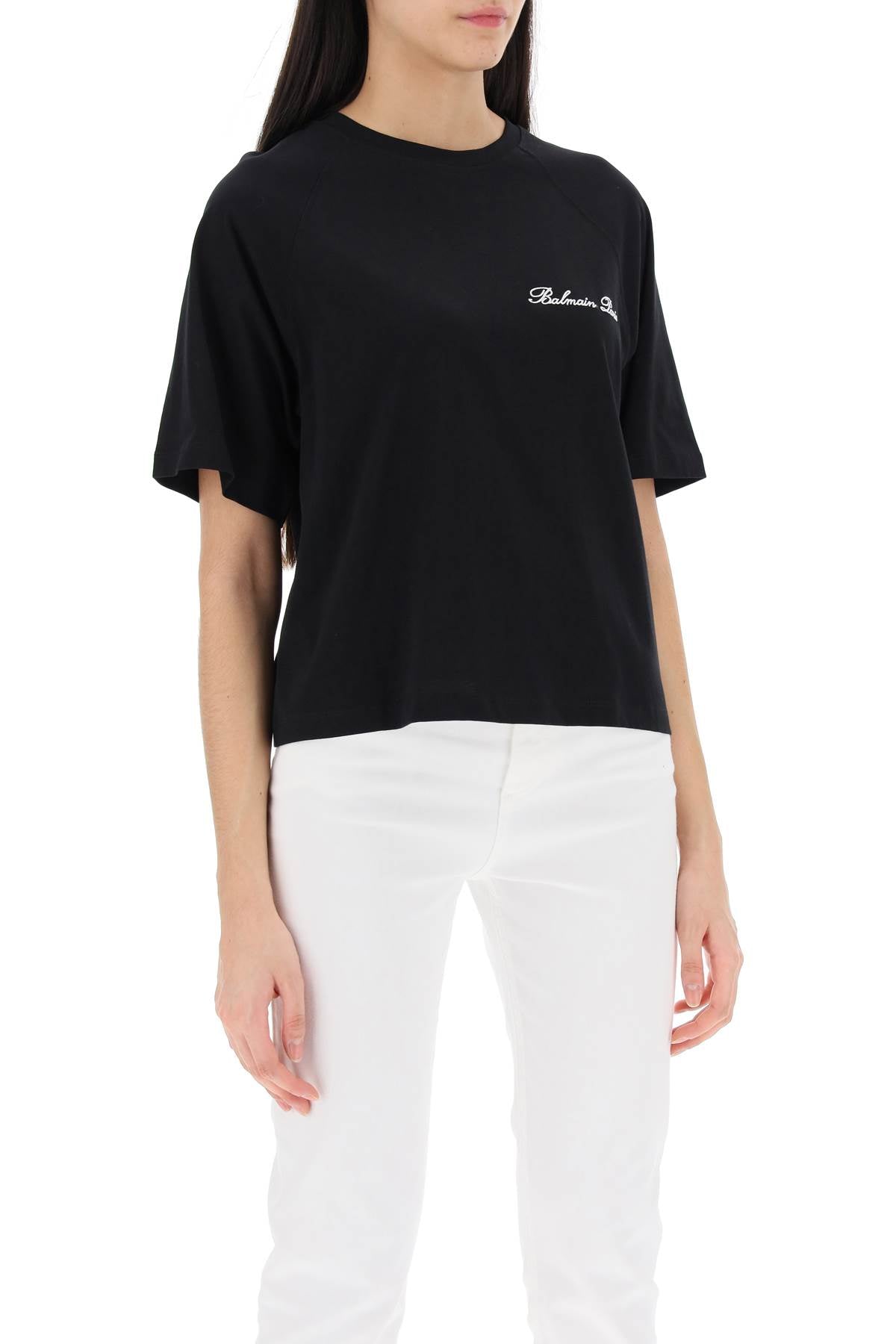 Balmain Cropped T-Shirt With Logo Embroidery Black